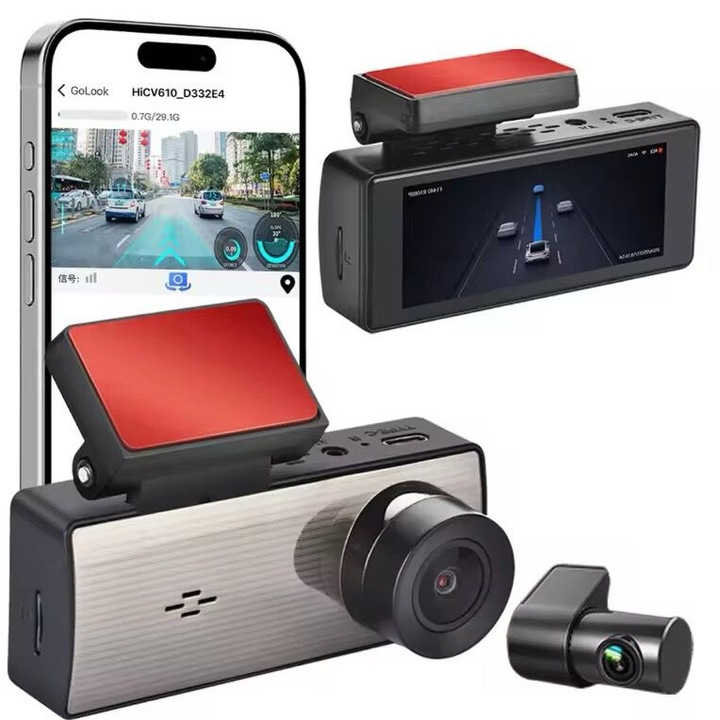 Видеорегистратор AMYMAT 3-в-1 Ultra-HD, DVR, 4K преден, 2.5K и 1080P заден запис, вграден WiFi, нощно виждане и пълна поддръжка на сигурност, защита за шофьори и превозни средства
