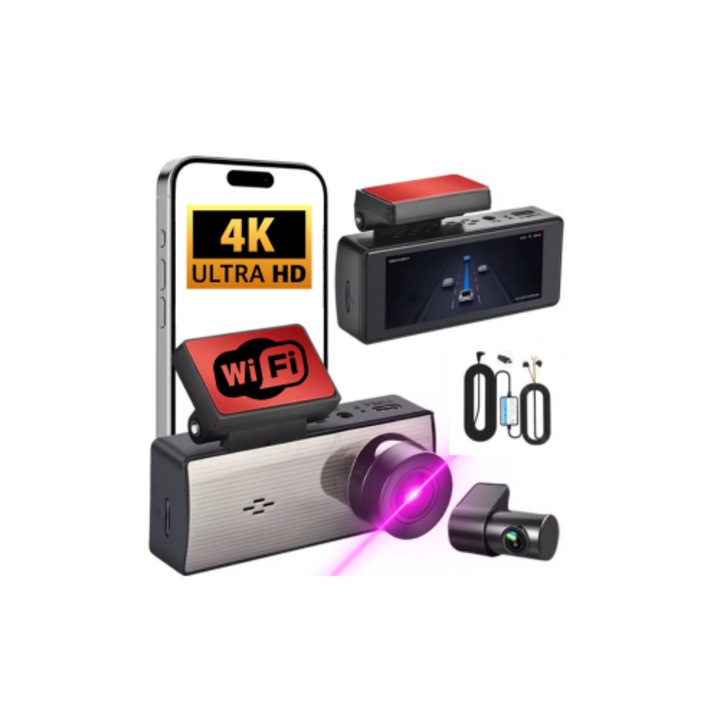Camera Auto DVR 3 in 1 AMYMAT Ultra-HD cu Inregistrare 4K Frontala, Modul Inteligent cu legare la sigurante 2.5K si 1080P Posterioara, WiFi Integrat, Viziune Nocturna si Suport de Securitate Completa – Protectie Premium pentru Soferi si Vehicule