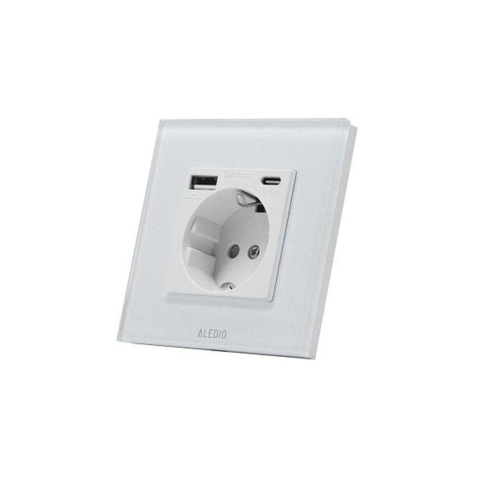 Priza simpla, standard german, 2P+T, 16A, cu USB tip A+C, 2.1A, rama din sticla, alb, Aledio A1PACA