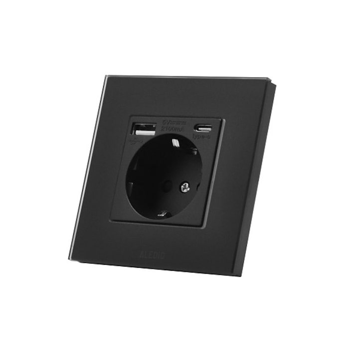 Единичен контакт Aledio A1PACN, немски стандарт, 2P+E, 16A, с USB тип A+C, 2.1A, стъклена рамка, черен
