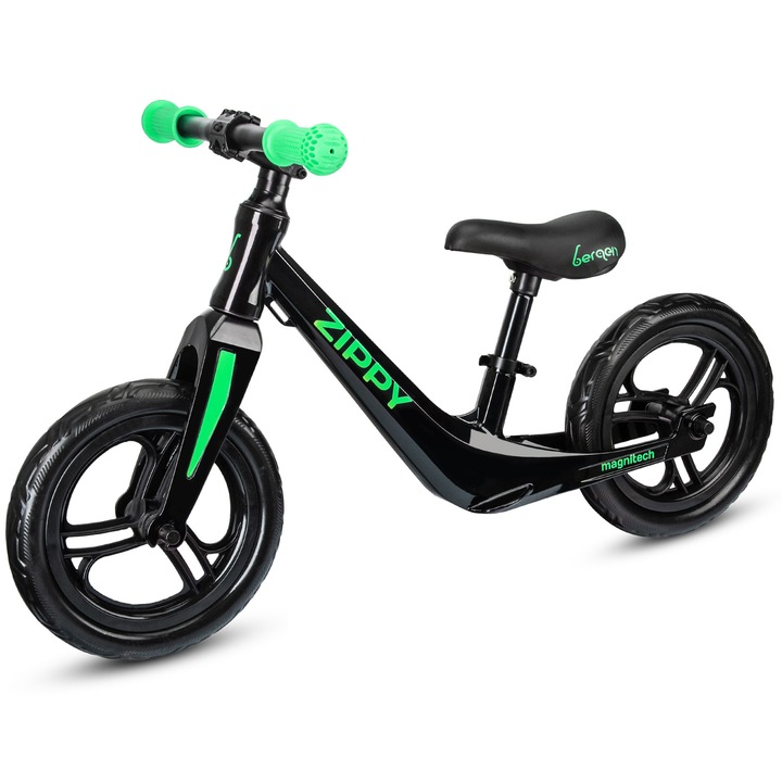Детски балансиращ велосипед Bergen ZIPPY, черно/зелено, 12-инчови дунапренени колела