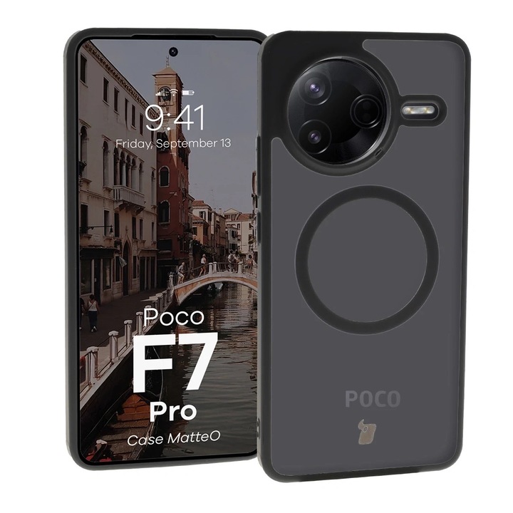 Carcasa telefon Bizon MatteO cu inel magnetic pentru Xiaomi Poco F7 Pro, negru mat, TPU + PC, dimensiuni 15,76x7,27cm