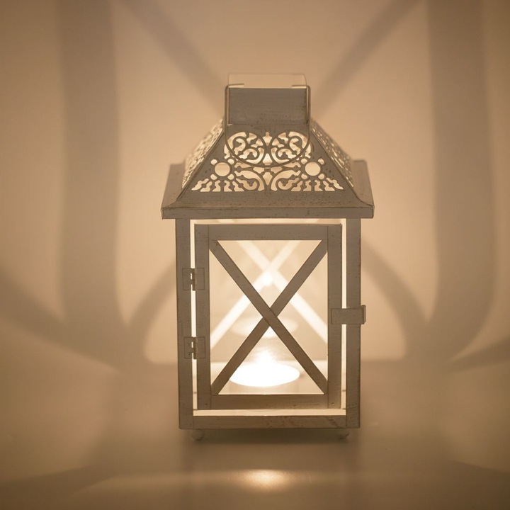 Декоративен висящ фенер, Бял/Златист, Матиран метал с перфорирана шарка и стъкло, 16x16x29 см