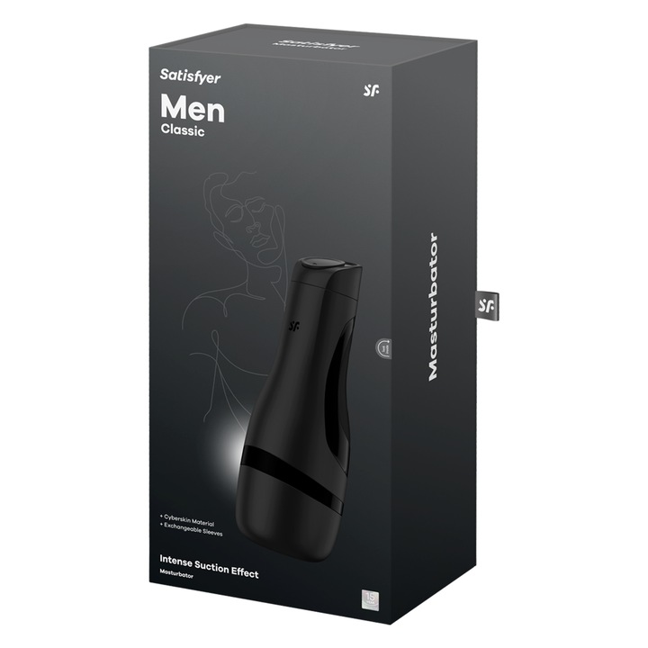 Masturbator masculin, Satisfyer, Men Classic, tunel de stimulare realist, material moale, elastic, control al presiunii, design ergonomic si discret, constructie igienica, negru