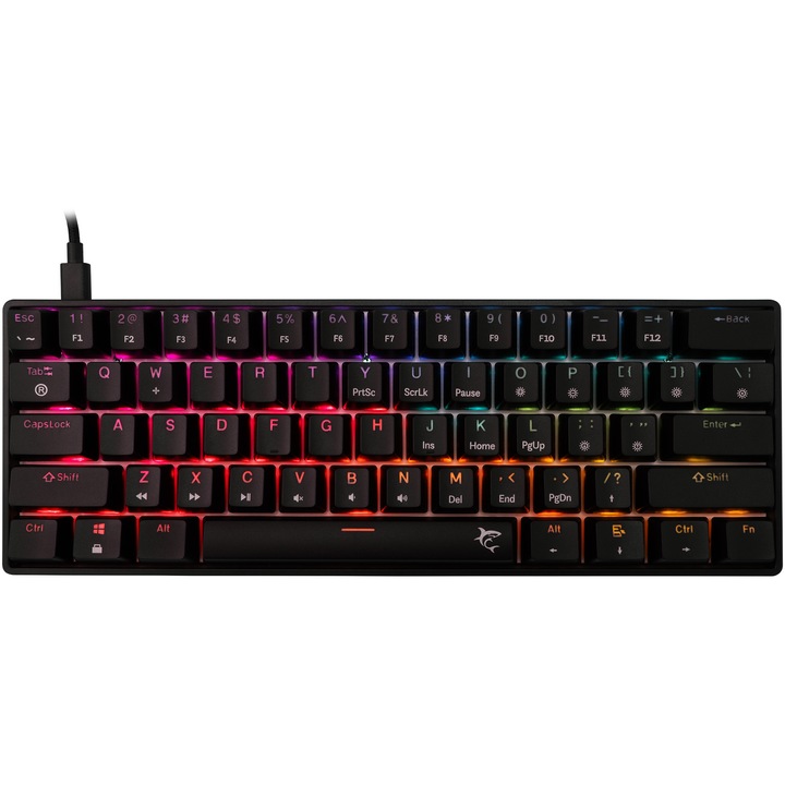 Механична клавиатура Gaming с кабел White Shark SHINOBI v2, RED OUTEMU Switch, Tip Compact Carry-On, Full Anti-Ghosting, RGB LED подсветка на клавишите, Плетен кабел 1.8 м, Software, Черен