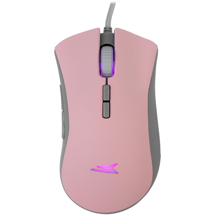 Mouse Gaming cu fir Barracuda LOBSTER, 6400 DPI, 125Hz, 12G, Chipset SUNPLUS 192, Butoane Programabile, Iluminare LED 4 - culori, Cablu braided 1,5m, 122g, Roz Gri