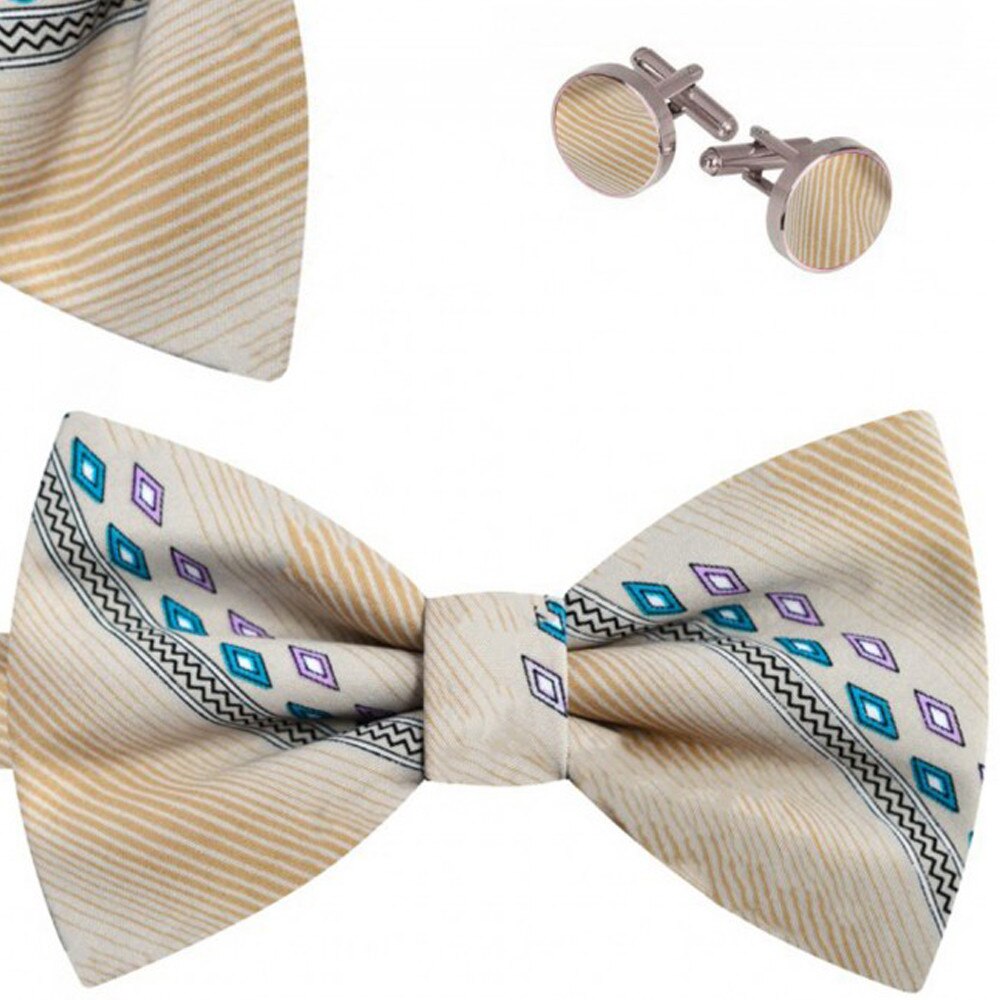 Set papion barbati, batista, butoni, bej, model romburi