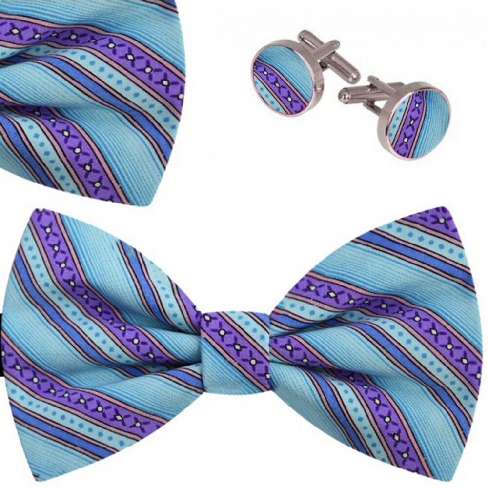 Set papion barbati, batista, butoni, albastru, model dungi mov