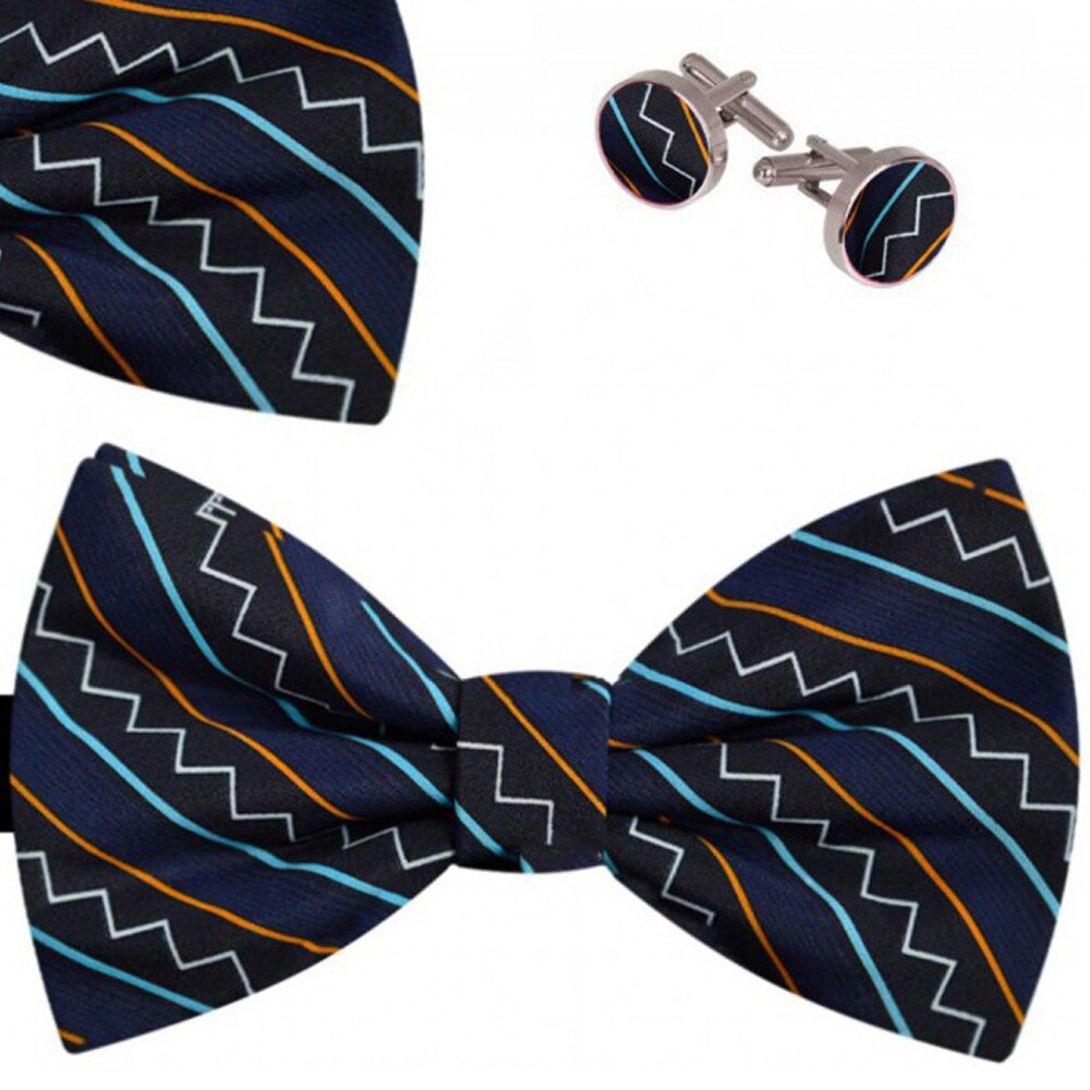 Set papion barbati, batista, butoni, albastru, model zig zag