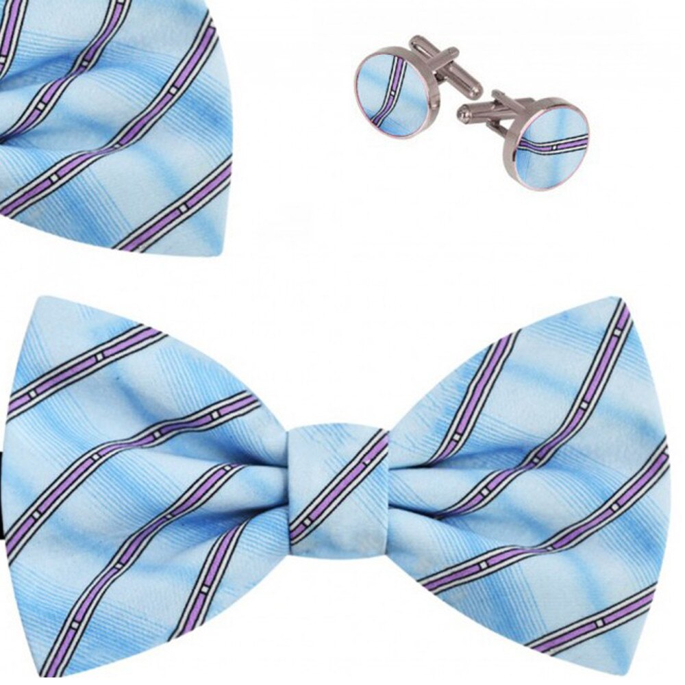 Set papion barbati, batista, butoni, bleu, model dungi lila