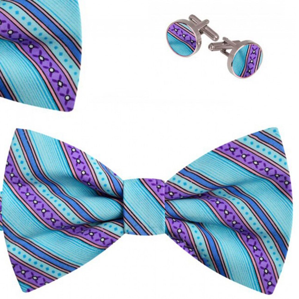 Set papion barbati, batista, butoni, bleu, model dungi ametist