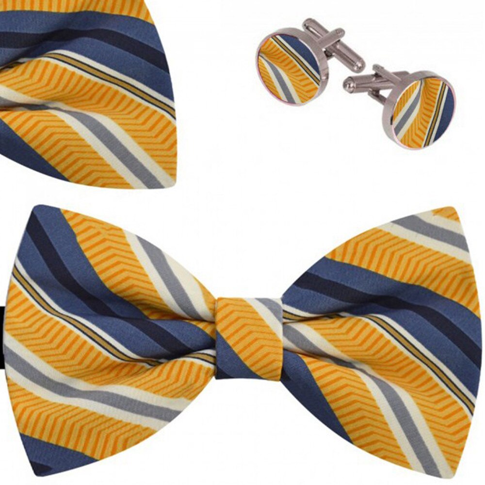 Set papion barbati, batista, butoni, galben, dungi albastre