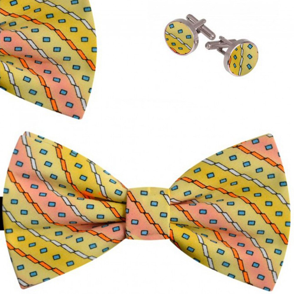 Set papion barbati, batista, butoni, galben, model lanturi