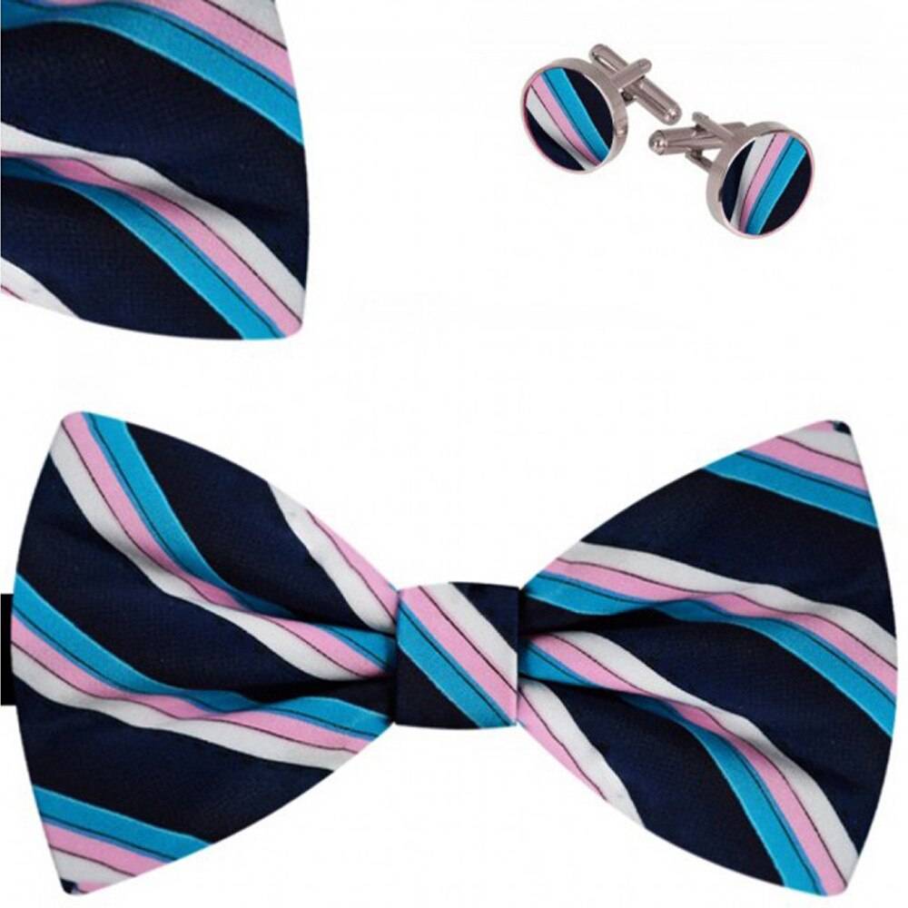 Set papion barbati, batista, butoni, albastru, dungi multicolore