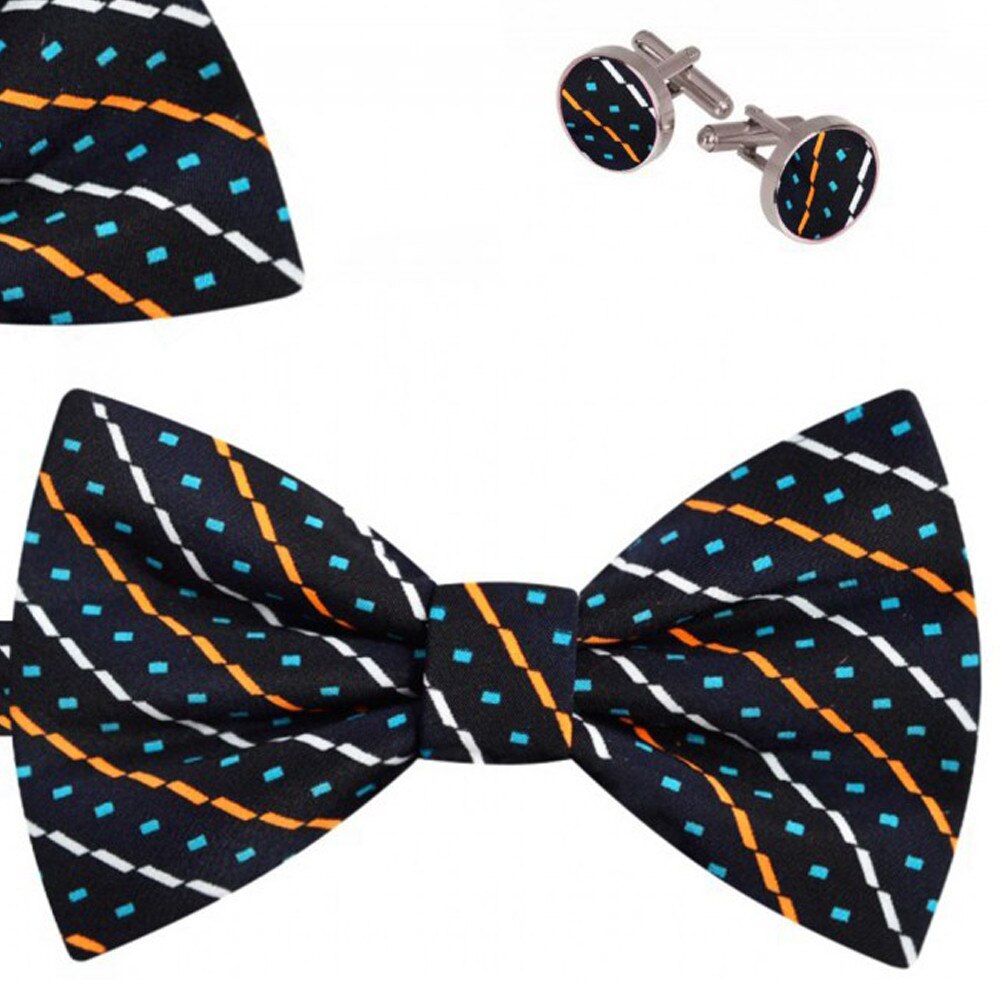 Set papion barbati, batista, butoni, bleumarin, model motive abstracte