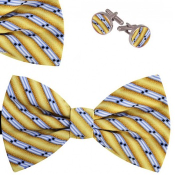 Set papion barbati, batista, butoni, galben, dungi bleu Set papion barbati, batista, butoni, galben, dungi bleu