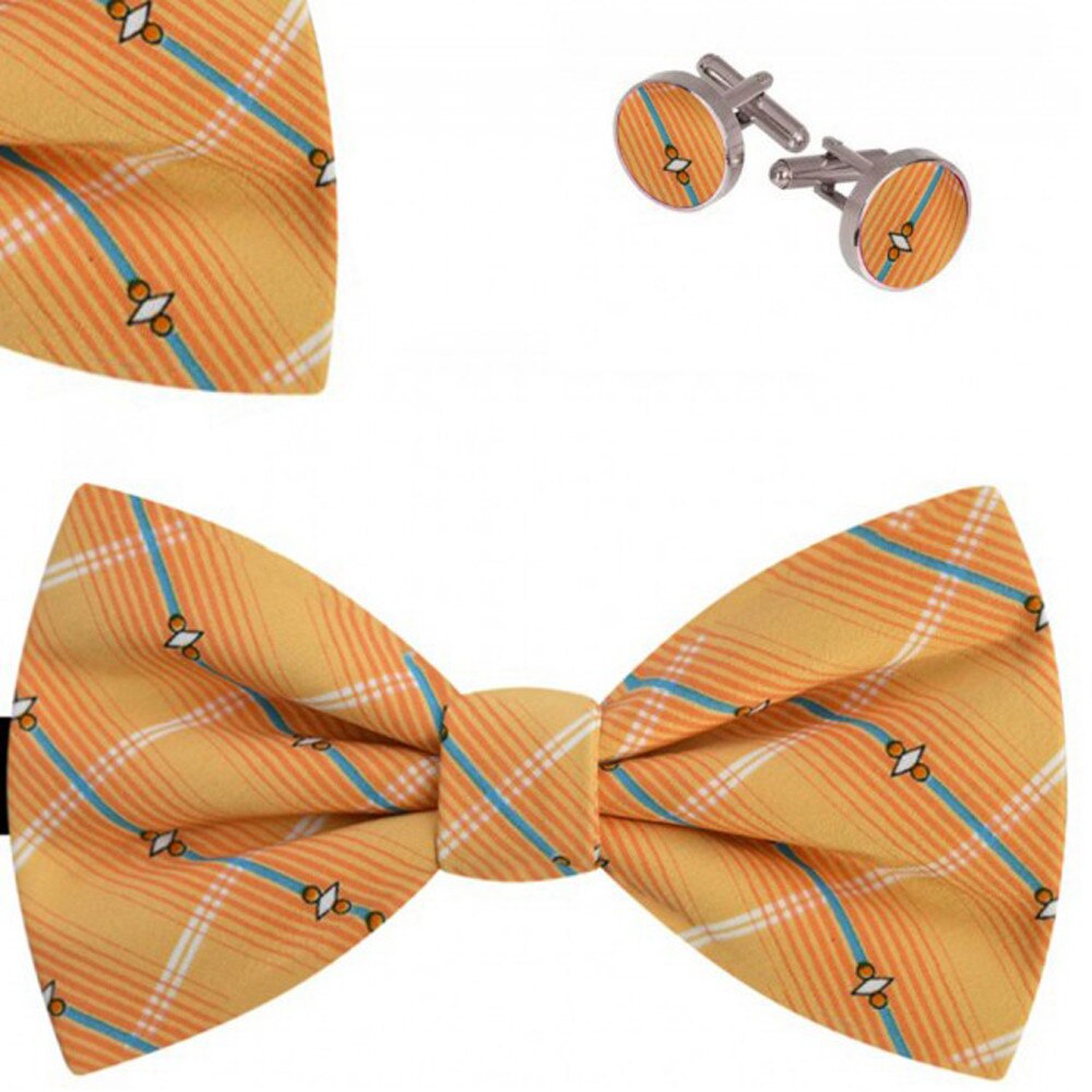 Set papion barbati, batista, butoni, portocaliu, model dungi oblice bleu