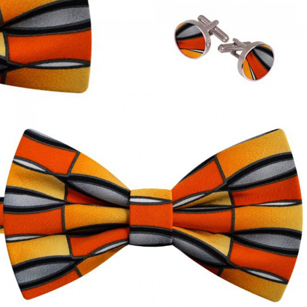 Set papion barbati, batista, butoni, portocaliu, model abstract