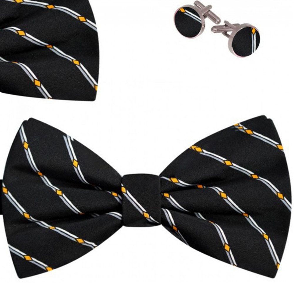 Set papion barbati, batista, butoni, negru, model dungi combinate cu romburi