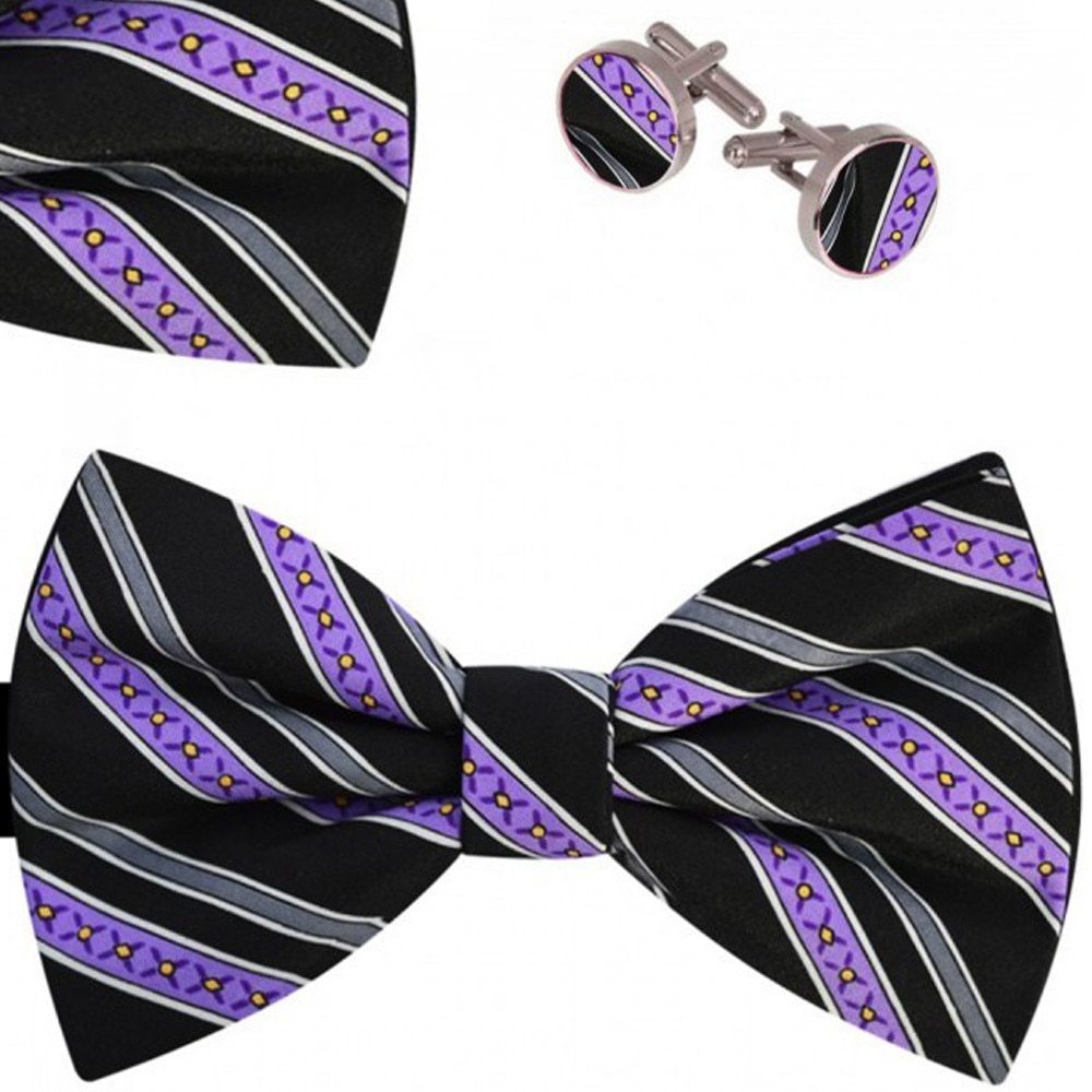 Set papion barbati, batista, butoni, negru, model dungi mov