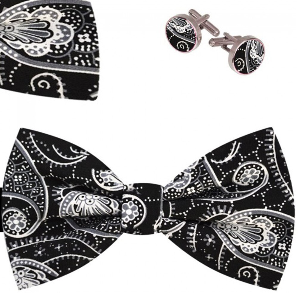 Set papion barbati, batista, butoni, negru, model floral alb