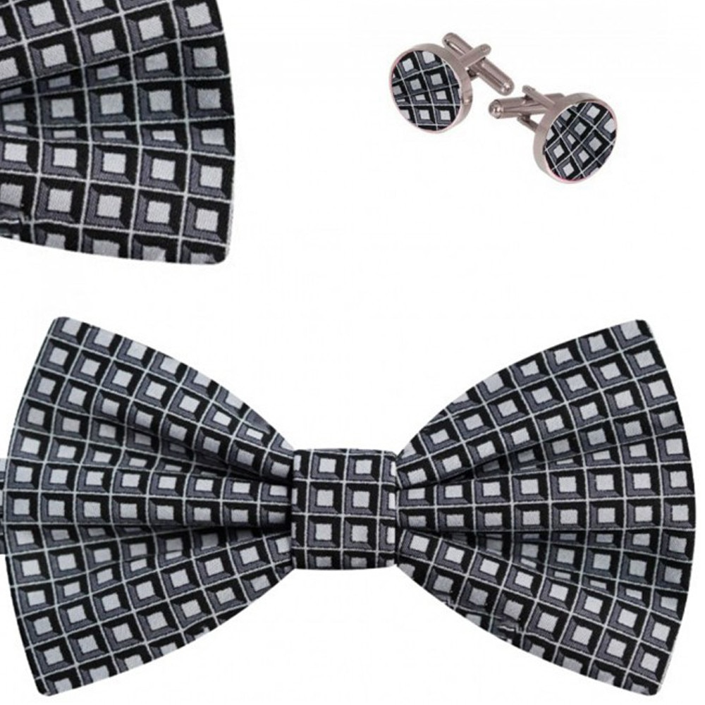 Set papion barbati, batista, butoni, gri, model forme geometrice