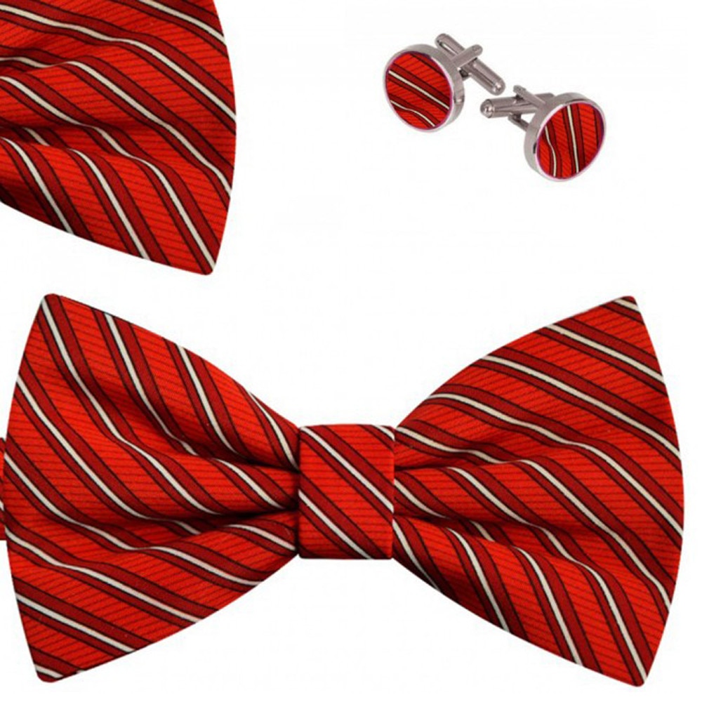 Set papion barbati, batista, butoni, rosu Grenadina, print dungi albe