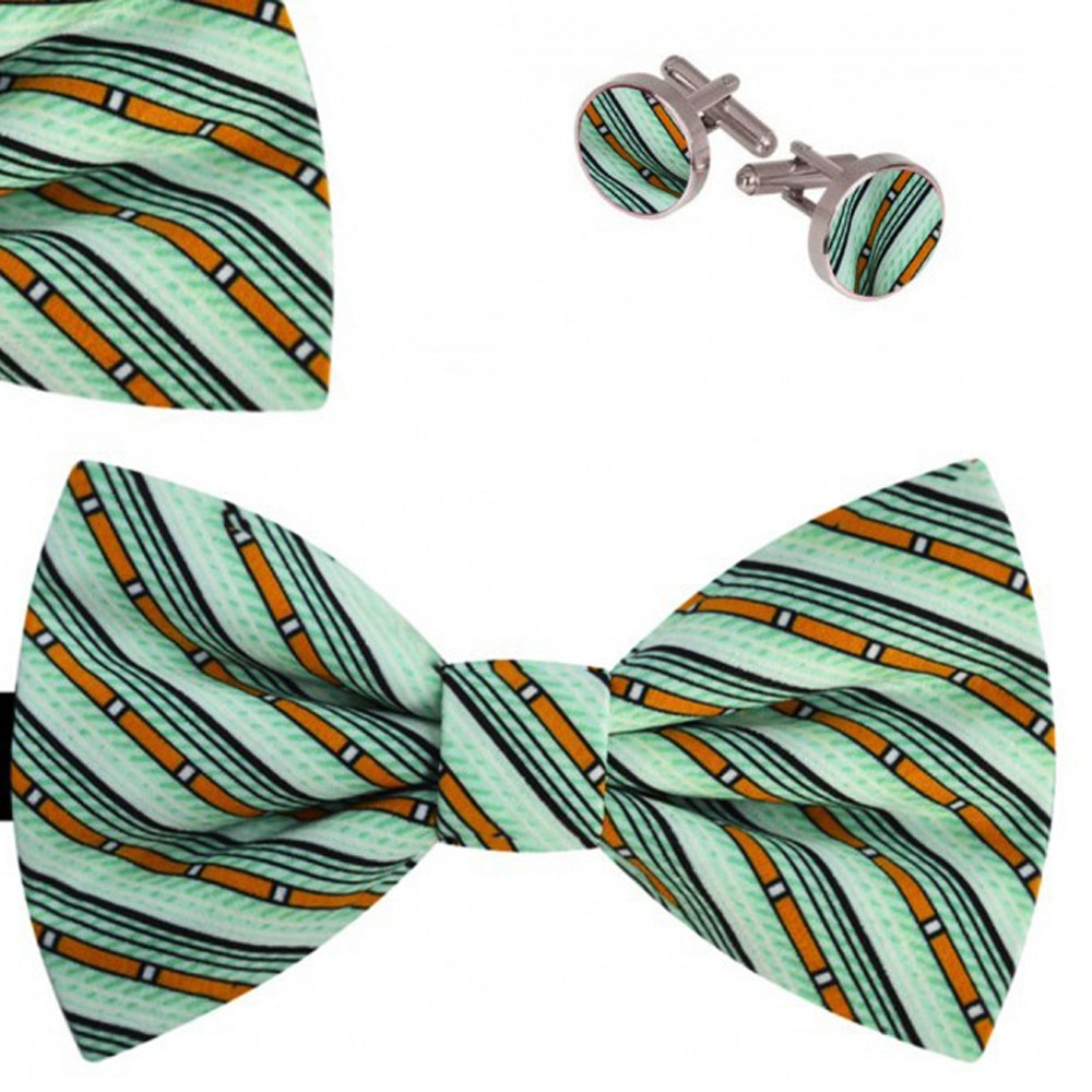 Set papion barbati, batista, butoni verde, dungi portocalii