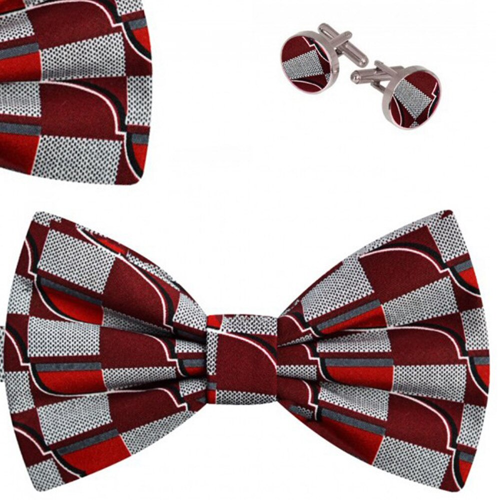 Set papion barbati, batista, butoni, rosu, model supradimensionat geometric