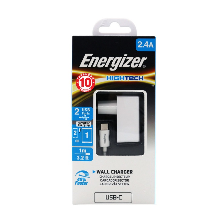 Мрежово зарядно устройство ENERGIZER с USB Type- C кабел, 2xUSB, 2.4A, Бяло