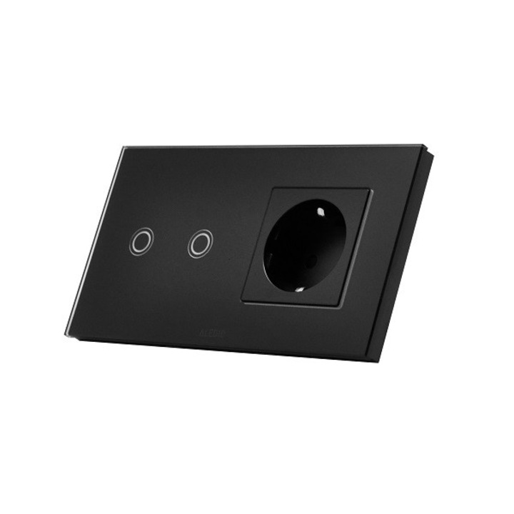 Dupla érintőkapcsoló, egy aljzat 2P+T, 16A, üvegkeret, fekete, Aledio A2G1PN