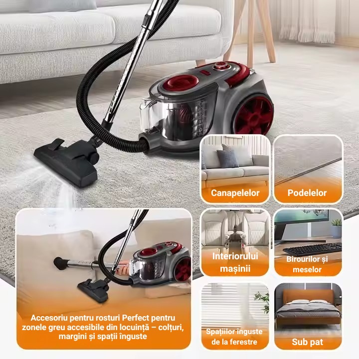 Aspirator Fara Sac, 3000W, 4.5L, Tehnologie Ciclonica, Tub Telescopic Reglabil, Cablul Retractabil, Design Compact, Curatare Eficienta, Rosu-Gri
