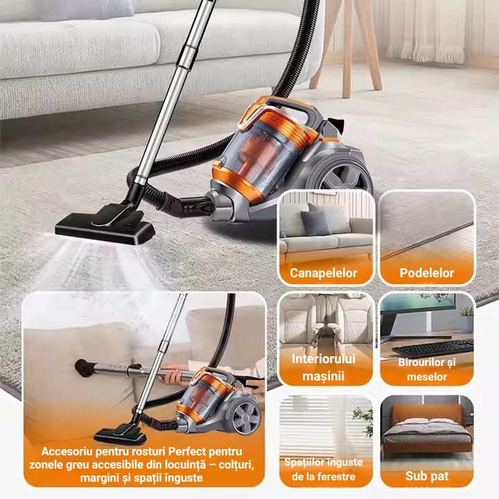 Aspirator Portabil cu Sac, 3000W, 4L, Putere Mare de Aspirare, Tub Telescopic, Cablul Retractabil, Design Compact, Portocaliu/Gri, Ideal pentru Curatenie in Locuinta si Auto