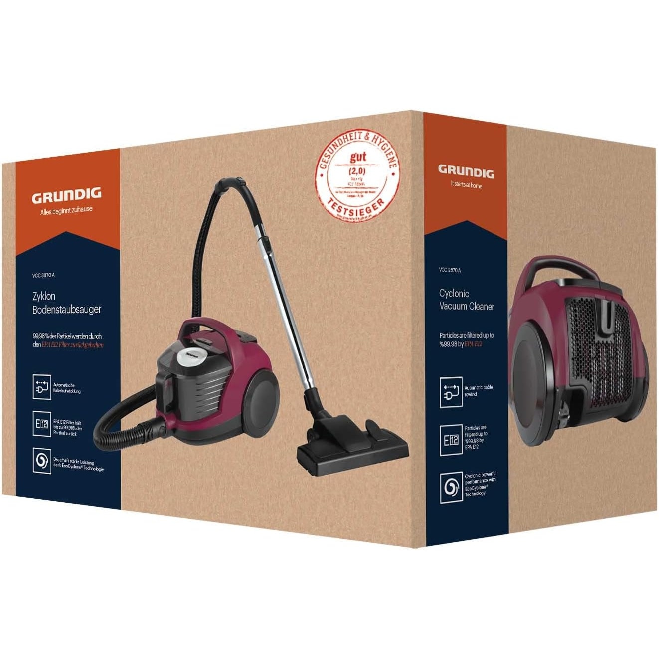 Aspirator fara sac Grundig VCC3870A, 800 W, 1.8 L, filtru HEPA, tehnologie DustSeal, Visiniu/Negru