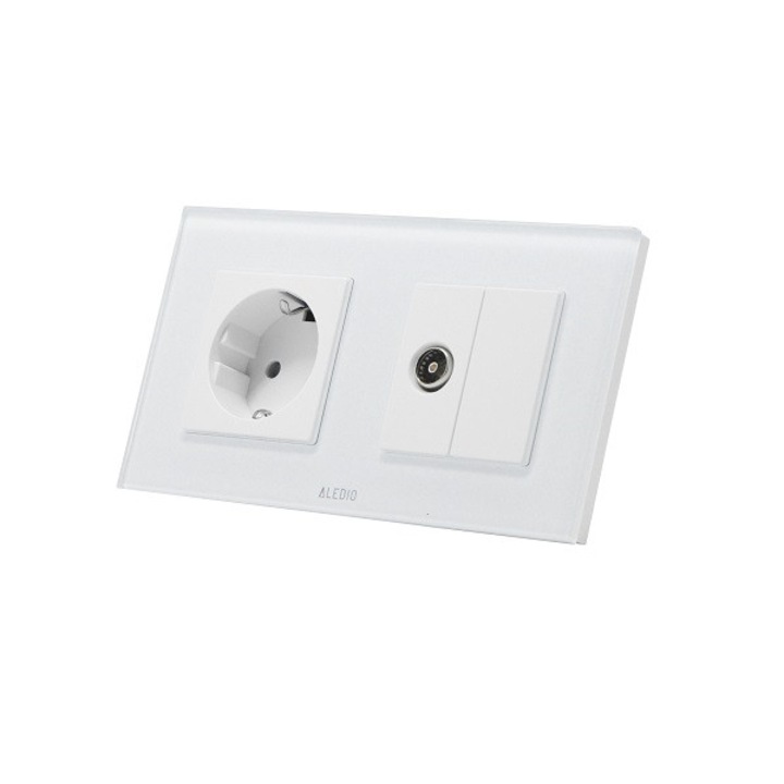 Priza simpla, 2P+T 16A + priza TV, rama din sticla, alb, Aledio, A1P1TA