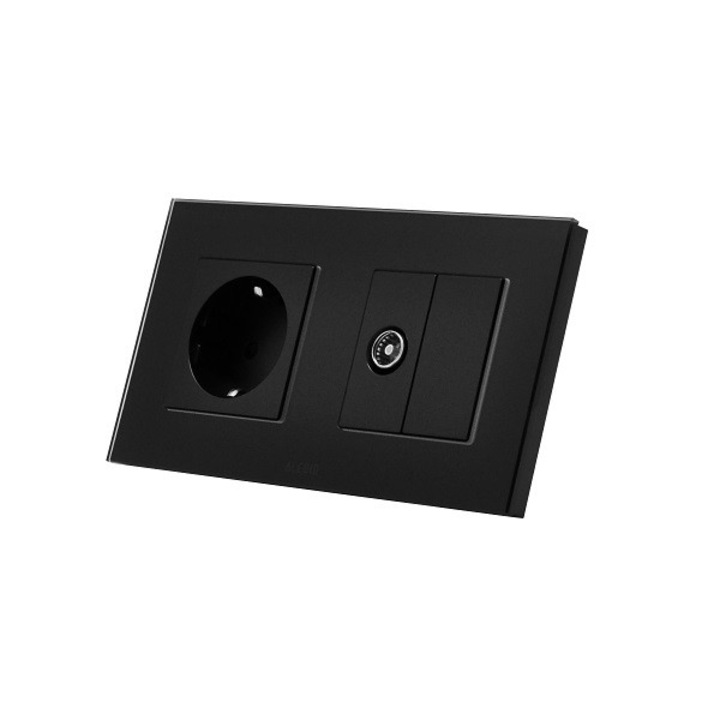 Контакт единичен 2P+E 16A + TV контакт, стъклена рамка, черен, Aledio A1P1TN