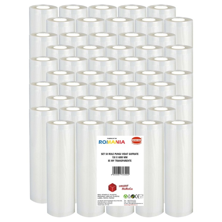 Set 50 role pungi vidat gofrate, dimensiuni 150x6000 mm, transparente, grosime 85 microni, preparare sau depozitare Sous Vide
