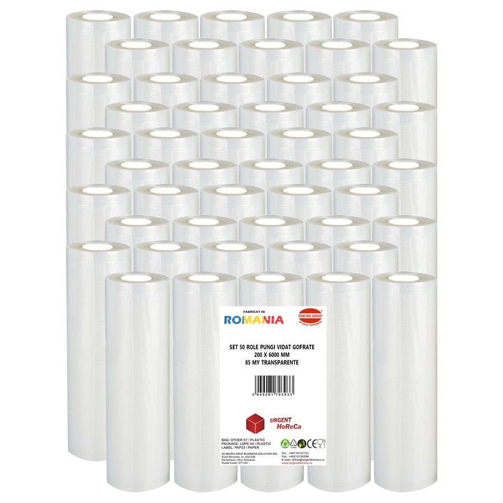 Set 50 role pungi vidat gofrate, dimensiuni 200x6000 mm, transparente, grosime 85 microni, preparare sau depozitare Sous Vide