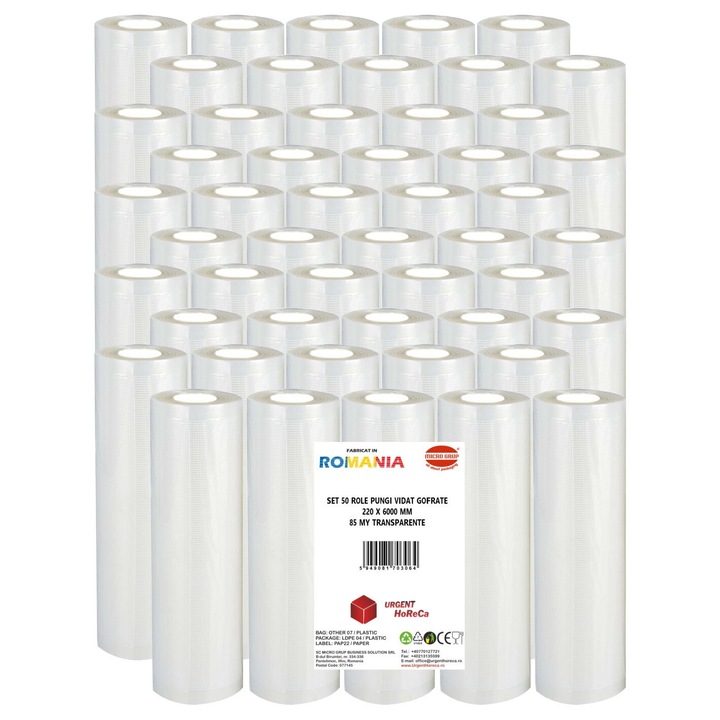 Set 50 role pungi vidat gofrate, dimensiuni 220x6000 mm, transparente, grosime 85 microni, preparare sau depozitare Sous Vide