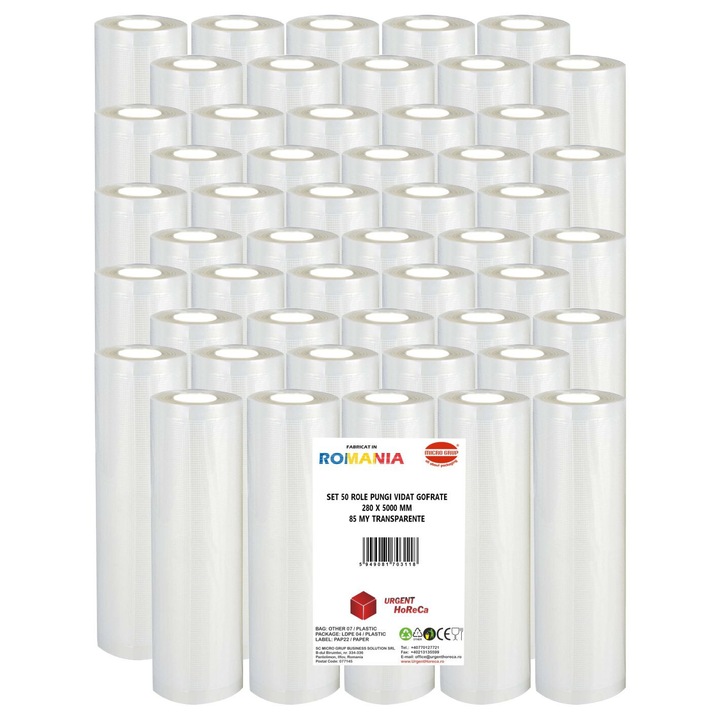Set 50 role pungi vidat gofrate, dimensiuni 280x5000 mm, transparente, grosime 85 microni, preparare sau depozitare Sous Vide