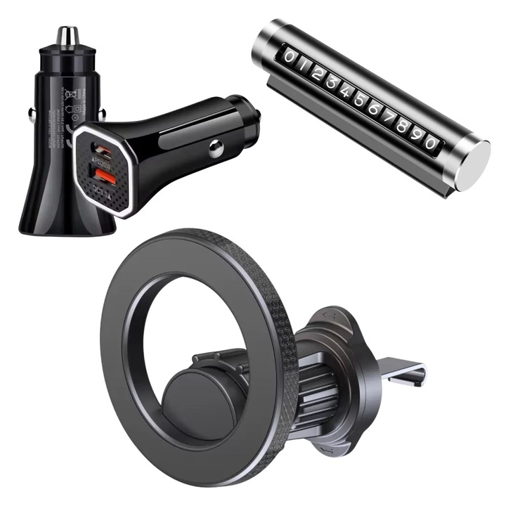 Поставка e-Wantay 3 в 1 Smart Drive Essentials Kit – PD20W + QC3.0 зарядно за кола, въртяща се на 360°, магнитна, табела за кола с номер за контакт, универсална съвместимост