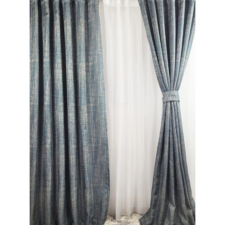 Draperie Moderna cu insertii Albastre Gri, Magazincovoare, L 1.5 m si H 2.5 m, Rejansa din Bumbac Reglabila