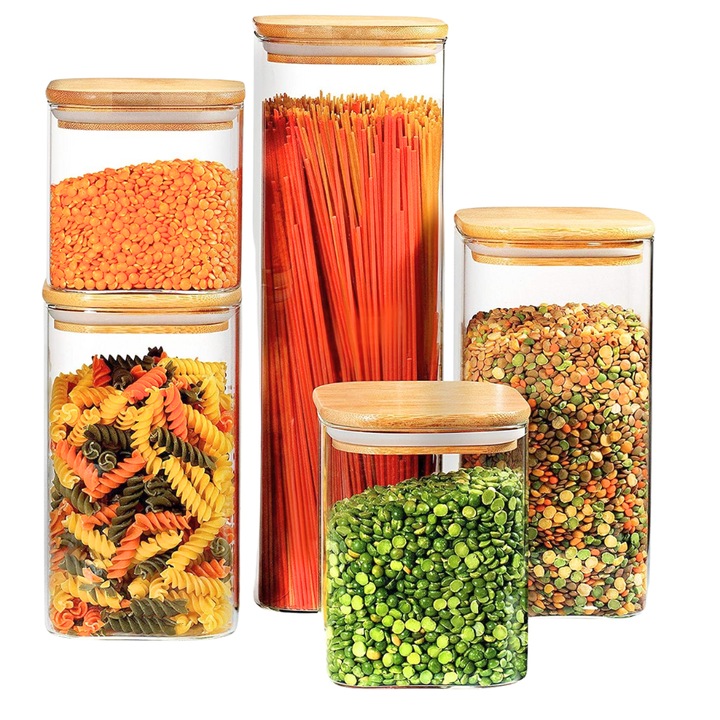 Set 5 Recipiente Depozitare Alimente Zenino - Capac din Lemn Bambus, Inchidere Ermetica, din Sticla
