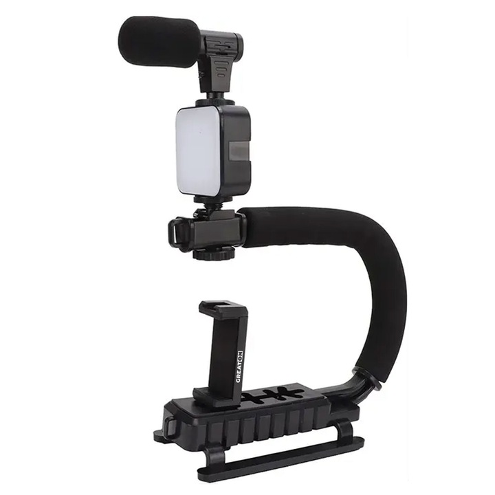 Kit Profesional De Vlogging Sau Podcast Youtube GREATON, Suport Telefon/Aparat Foto, Lampa LED, Microfon, Alimentare Baterii, Negru