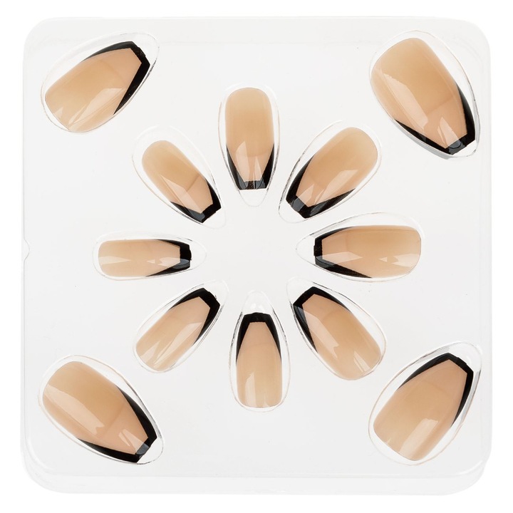 Műköröm szett ragasztóval, francia fekete koporsó - 12 db