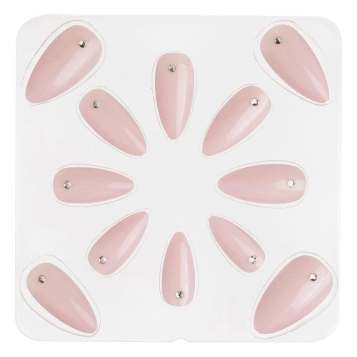 Rózsaszín ragasztó műköröm szett strasszokkal, mandula - 12db