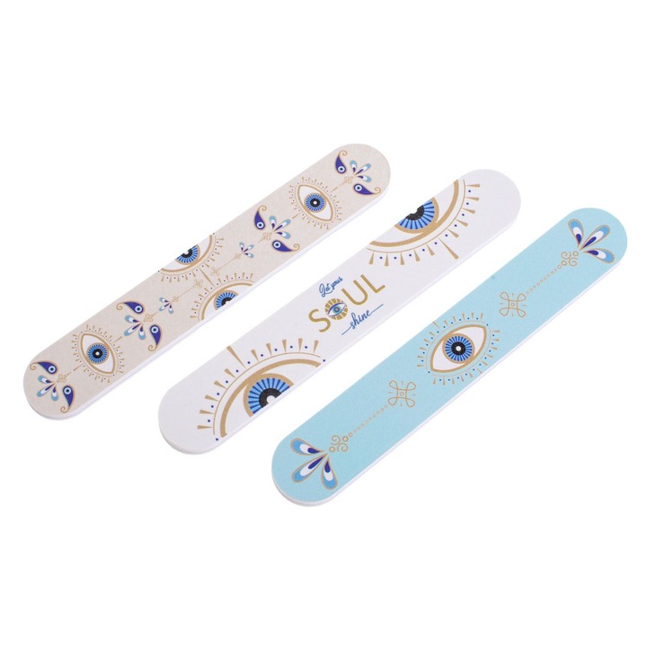 Set pile pentru unghii, Pile de Unghii Scurte Bej Albe Bleu cu Model Ochi 12.5 cm, 3 buc