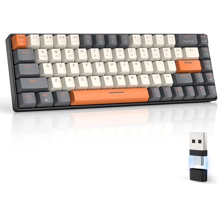 Mechanikus billentyűzet ZIYOU LANG RK68 60%, vezeték nélküli, Bluetooth 5.0/2.4Ghz, kettős mód, USB-C vevő, működés közben cserélhető piros kapcsolók, fehér / szürke / narancs