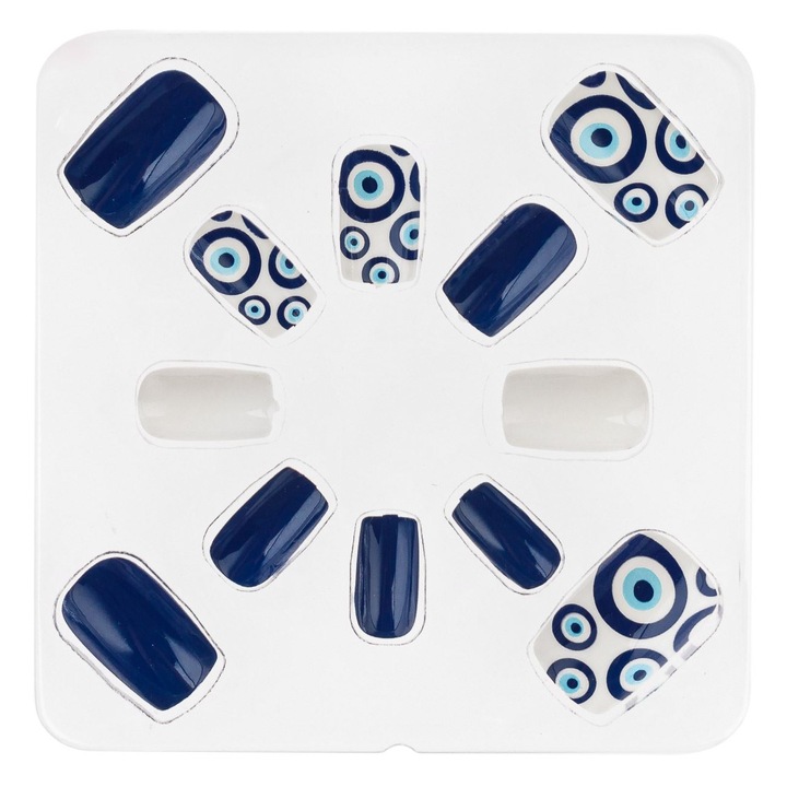 Nyári ovális fehér kék műköröm szett szemmintával - 12 db