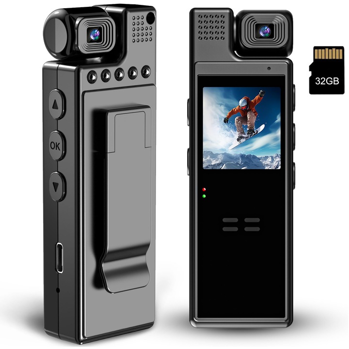 Спортна видеокамера, преносима, 1080P, Камера за тяло, въртящ се на 180° обектив, детектор на движение, с 32 GB SD карта, OUYLAF, черна